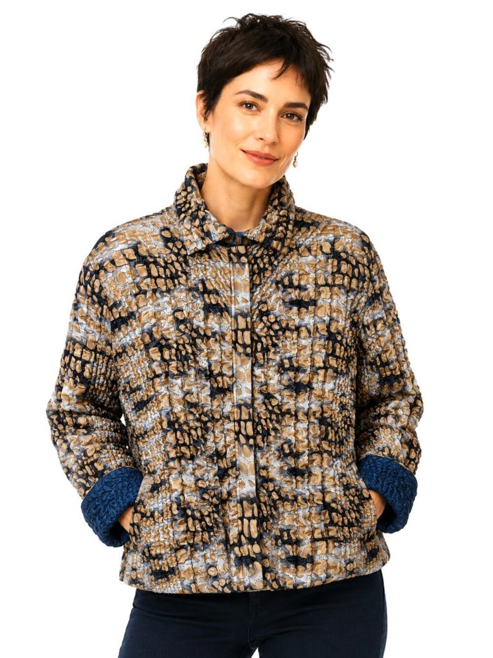 Handmade UBU Slate Blue Grey Tan Reversible Full Zip Crinkle Puffer Jacket